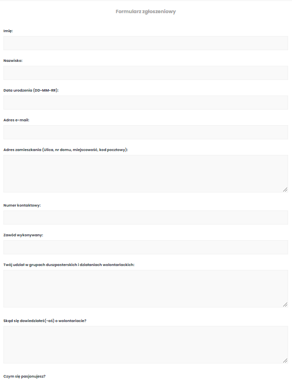 formularz zgłoszeniowy na wolontariat